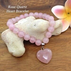🆕New Rose Quartz Healing Beaded Bracelet with Heart Charm